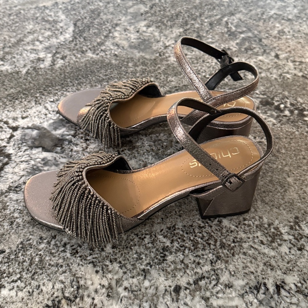 Chico’s pewter beaded strappy heel sandals size 6 old money NEW $159 - Picture 5 of 11